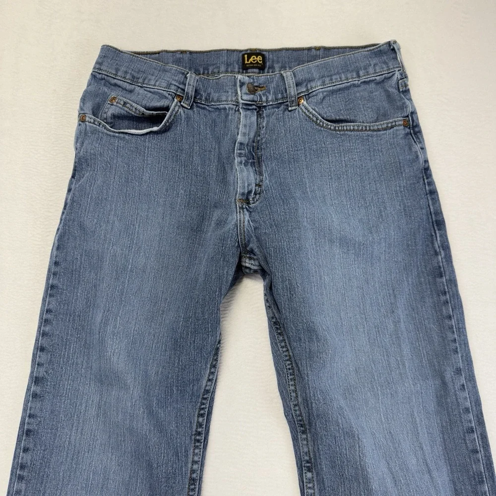 Lee Regular Fit Straight Leg Jeans Men's 36X29 (34x29 fit) Blue Distressed Denim